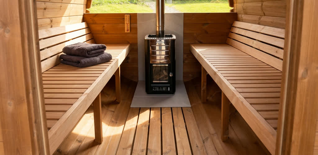 Sauna interior with facing timber benches and a wood-burning stove