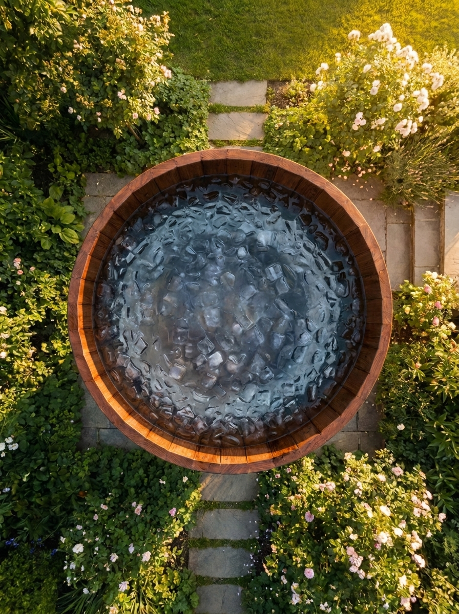 Wooden cold plunge tub filled with iced water in a garden