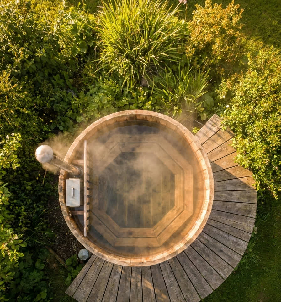 Wood-fired hot tub steaming on a timber deck in a garden